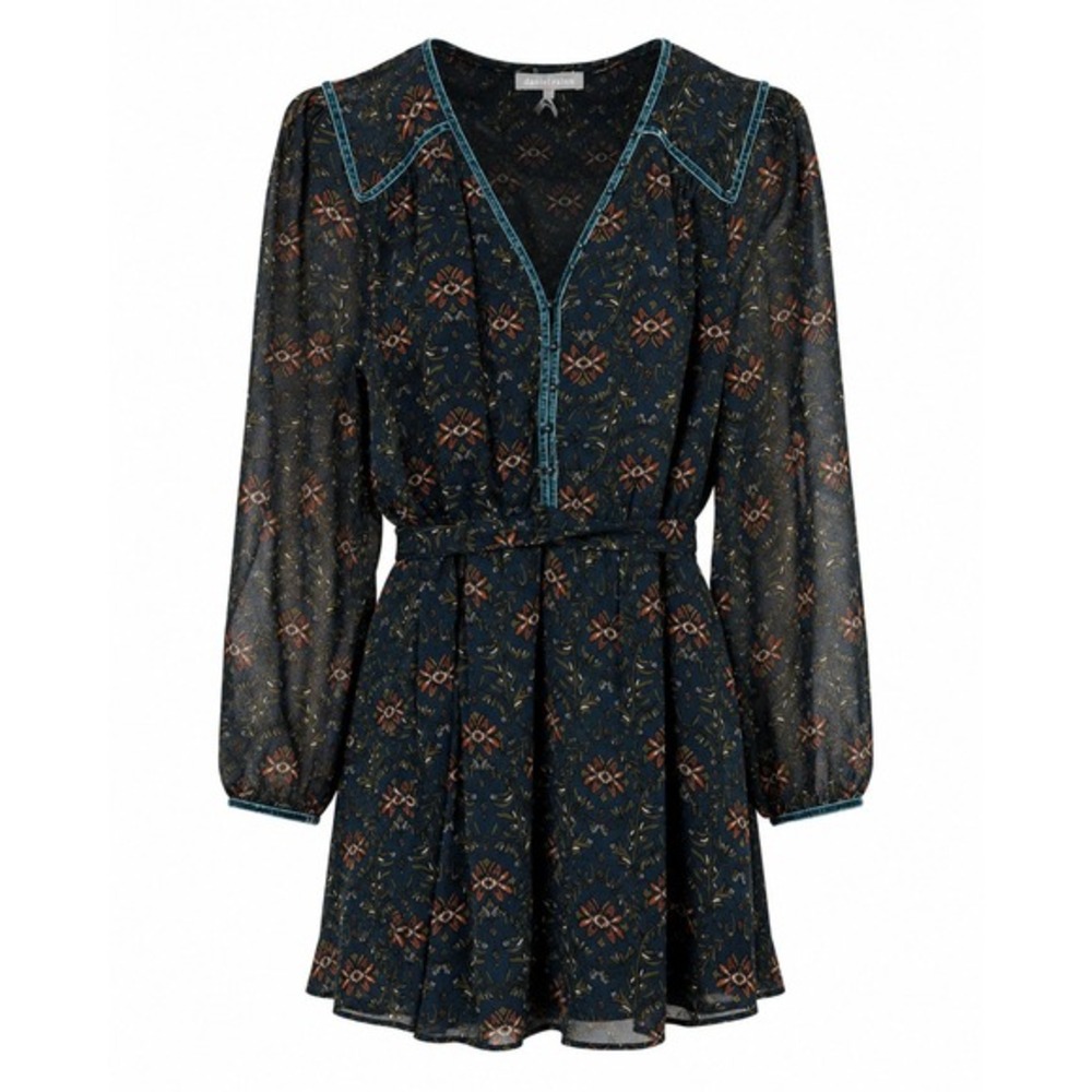 Daniel Rainn Floral Long Sleeve Mini Dress Velvet Trim Teal‎ Size SP NEW
